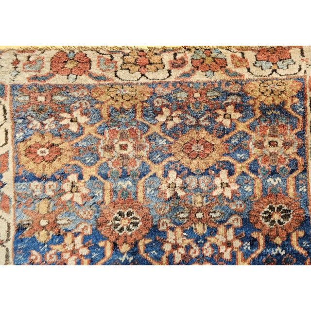 19th Century Persian Kurdish Bidjar Runner Rug, Hand-Knotted Wool, All Over Geometric Pattern, Blue & Ivory, 4x8 For Sale - Image 9 of 14