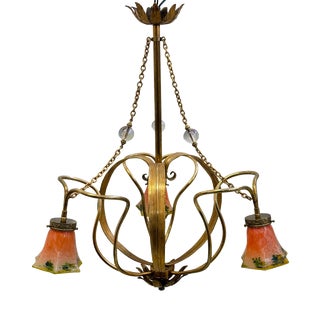 Art Nouveau Brass Chandelier with Glass Lampshades, 1910s For Sale