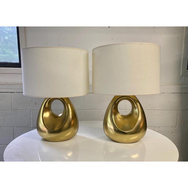 Pair of Robert Abbey Gold Table Lamps | Contemporary Modern Lamps | Sculptural Curved Lamps | Original Condition A...