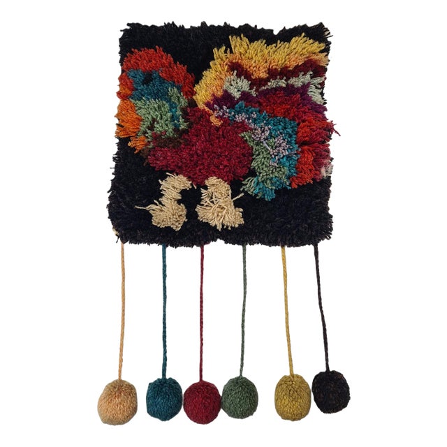 Handmade Rya-Style Wool Tapestry with Pom-Poms, 1970s For Sale