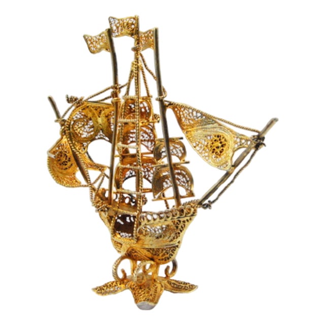 Caravel in Gilded Silver Filigree with Enamelled Crosses For Sale