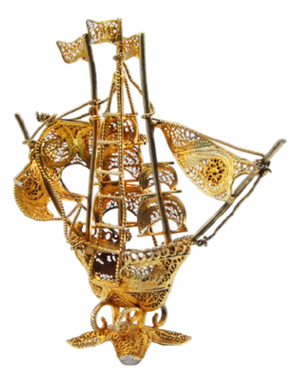 Caravel in Gilded Silver Filigree with Enamelled Crosses