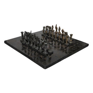Brutalist style bronze and marble chess set For Sale