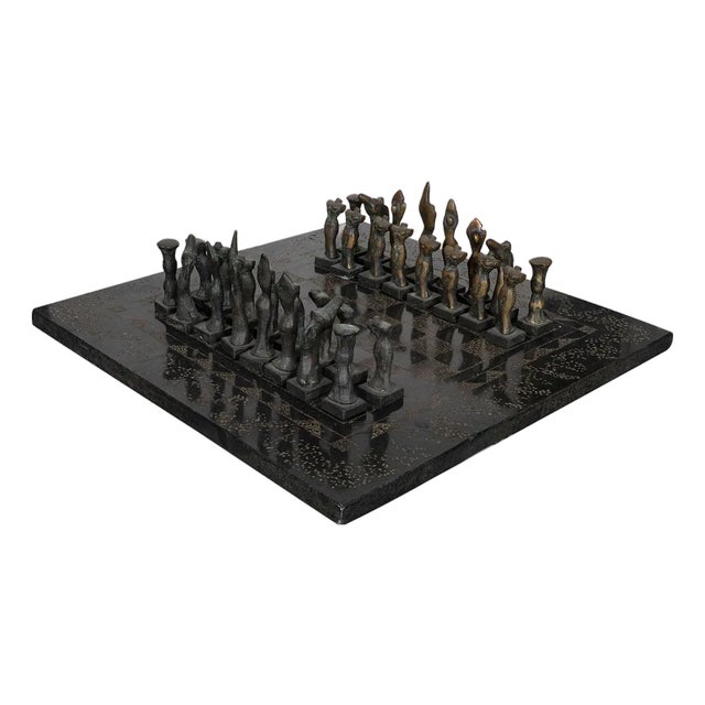 Brutalist style bronze and marble chess set For Sale
