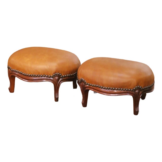 Pair of 19th Century French Louis XV Mahogany Footstools With Leather Tops For Sale