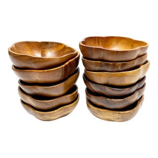 Mid Century Monkey Pod Acacia Wooden Floral Shaped Bowl Set - 11 Pieces For Sale