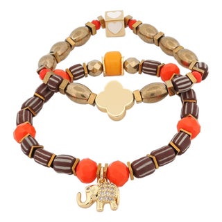 Soulful Journey Gold Beaded Bracelet Set with Heart & Elephant For Sale