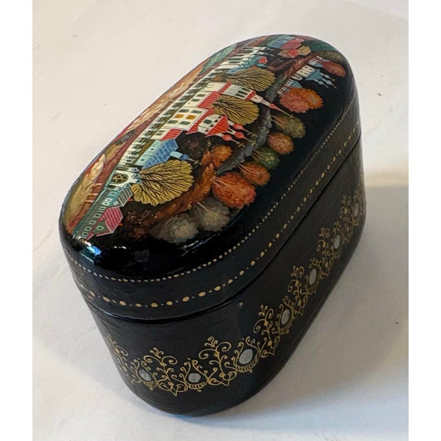 Vintage Russian Hand Painted Laquered Wood Trinket Box For Sale - Image 4 of 11