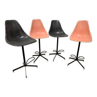 Mid Century Modern Fiberglass Shell and Iron Swivel Bar Stools- Set of 4 For Sale