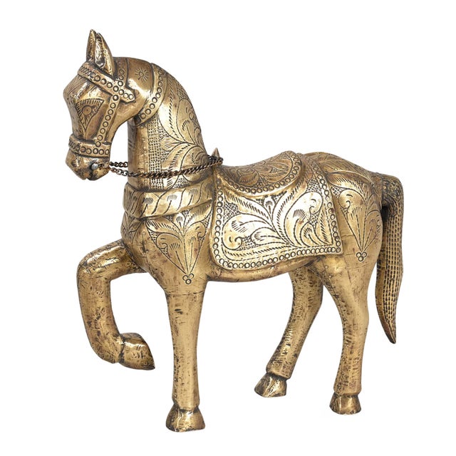 Folk Art 1970s Gold Brass Horse Statue | Hand Carved Mango Wood Animal Sculpture | 16 Inch Tall Indian Home Decor | Luxury Housewarming Gift For Sale - Image 3 of 3