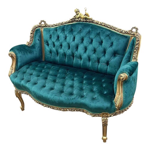 French Rococo Style Tufted Green Velvet Sofa