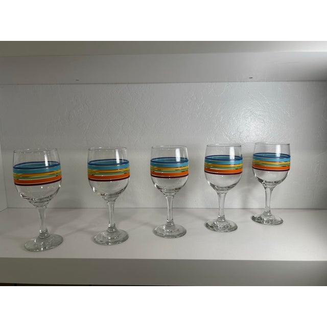 American 1960s Set of 5 Colorful Glass Striped Fiesta Ware Wine - Water Goblets For Sale - Image 3 of 9