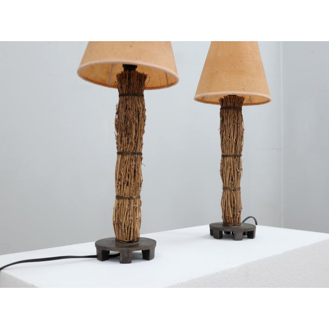 Brown Italian Table Lamps in Raffia & Parchment, 1970s, Set of 2 For Sale - Image 8 of 13