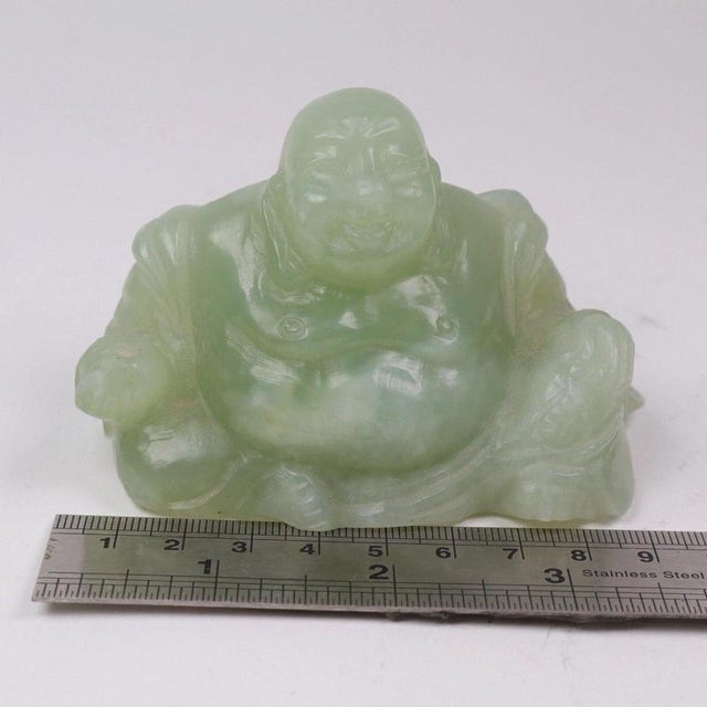 Chinese Carved Green Jade Maitreya Laughing Buddha Figure For Sale - Image 12 of 15