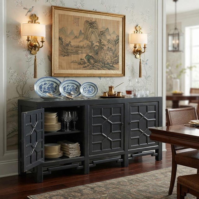 Gray Distressed Gray Lacquer Cross Lattice Pattern Doors Sideboard Console Cabinet For Sale - Image 8 of 10