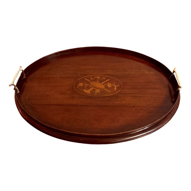 Antique Edwardian Oval Mahogany Inlaid Tea Tray, 1900s For Sale