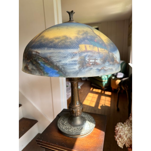 Early 20th Century Pittsburgh Reverse-Painted Winter Landscape Table Lamp – 17" Shade For Sale - Image 11 of 17