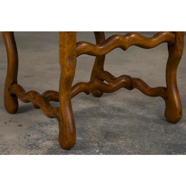 Antique French Louis XIII Style Os De Mouton Oak Dining Chairs W/ Striped Blush Pink Chenille- Set o For Sale In New York - Image 6 of 12