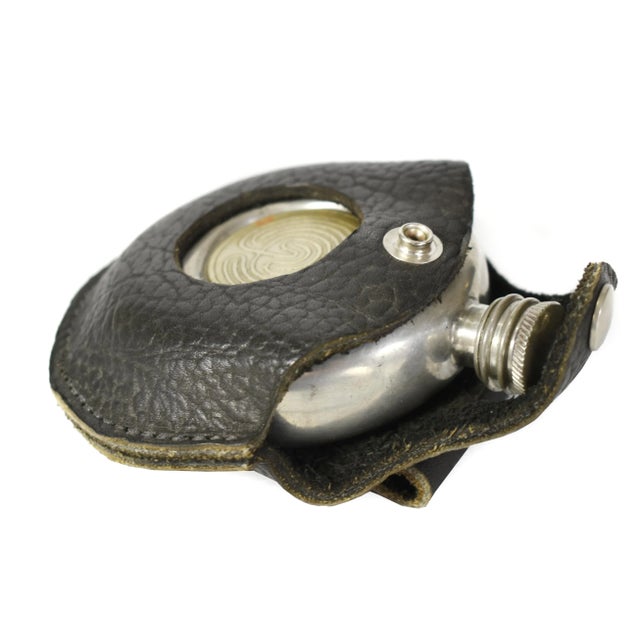 Vintage Single Tree Uk Ancient Maze Design Pewter Flask With Leather Case For Sale - Image 4 of 10