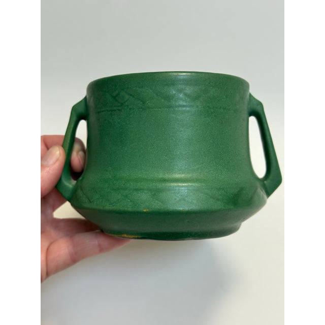 Early 20th. C. Weller Pottery Matte Green Arts & Crafts Handled Vessel For Sale - Image 11 of 11