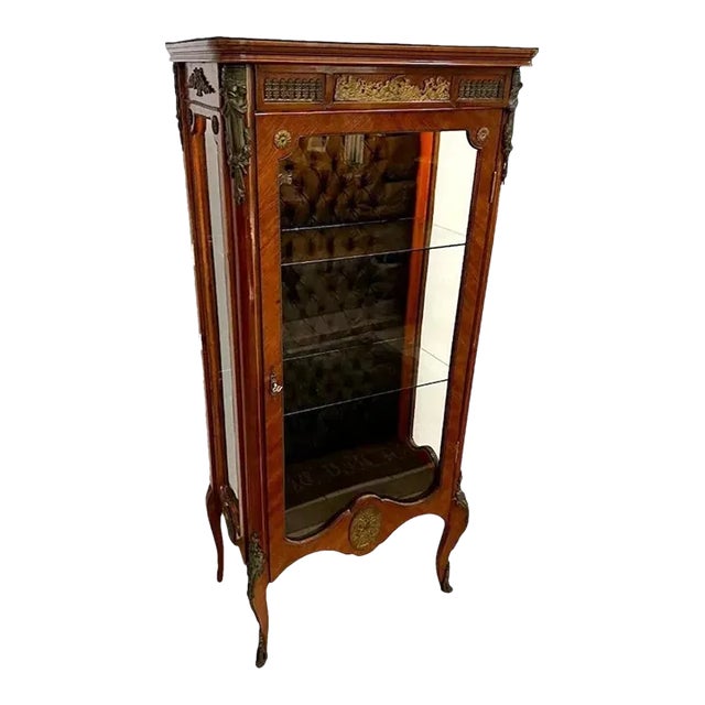 Early 1900s Antique French Curio China Cabinet Vitrine, Lighted, Locking Door Two Shelves For Sale