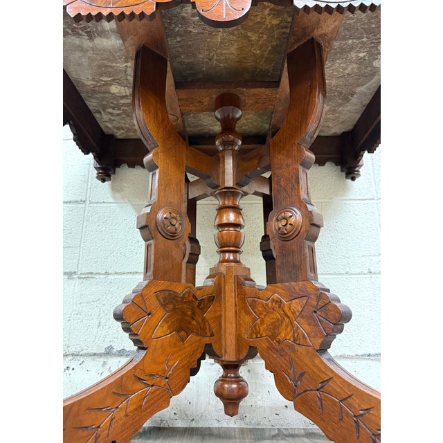 Late 19th Century Antique Victorian Eastlake Marble Top Walnut Parlor Table For Sale - Image 5 of 14