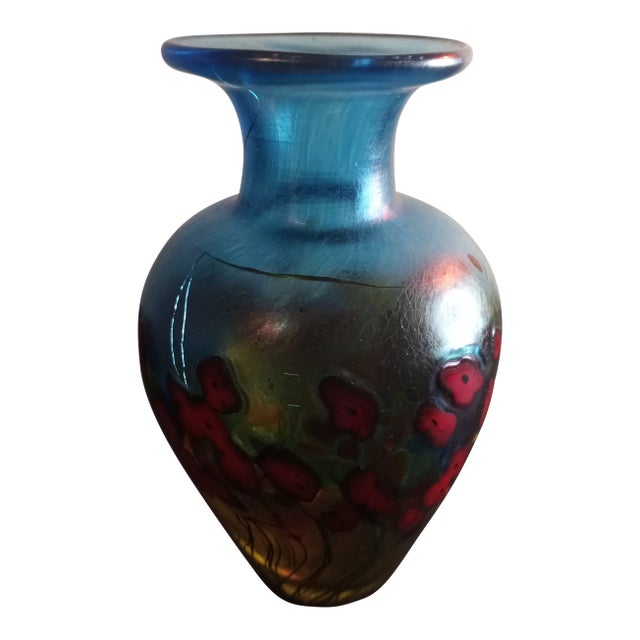 Vintage Robert Held Canada Handpainted California Poppy Pattern Blue Stretch Art Glass Bud Vase For Sale