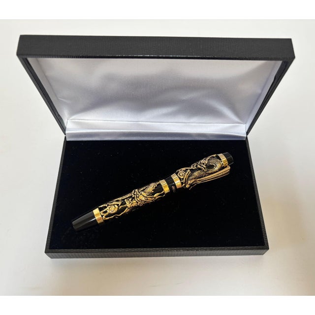 Metal Dragon Motif Fountain Pen, Gold Overlay on Black, Acura, Mint in Box Circa 1990 For Sale - Image 7 of 18