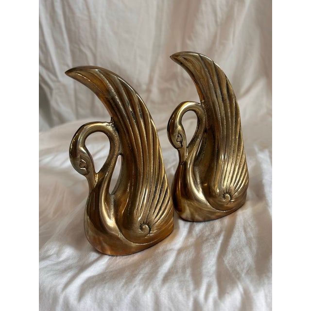 Art Deco Vintage Art Deco Style Cast Brass Swan Bookends For Sale - Image 3 of 6