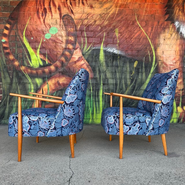 Pair of Mid Century Modern Klaus Haapaniemi & Co. Iceflower Blue Fabric Chairs For Sale - Image 4 of 10