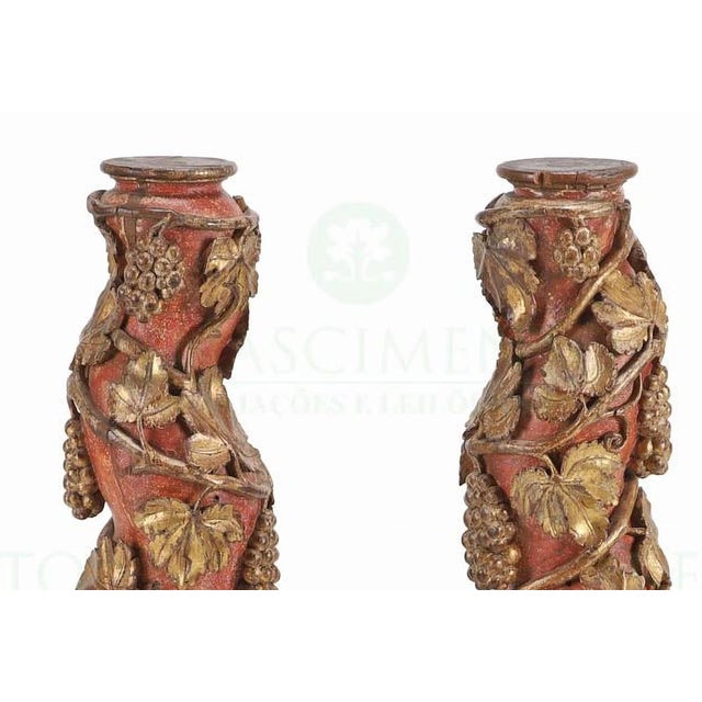 Pair of portuguese baroque columns 17th century h: 107cm made of painted wood with gilded carvings and ornaments,...