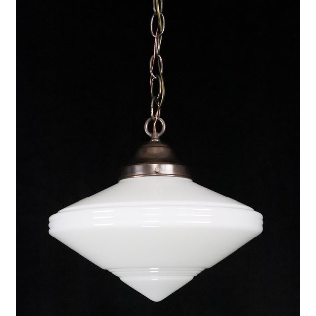 Art Deco Mid 20th Century Restored Art Deco Opaline Glass Flying Saucer Pendant Light For Sale - Image 3 of 8