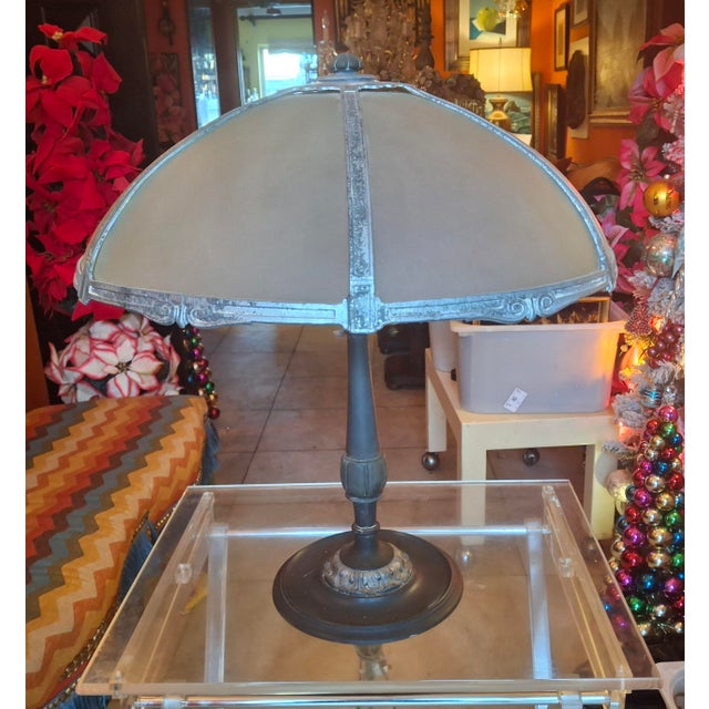 1910-20 Arts and Crafts Slag Glass Majestic Table Lamp. Large lamp/ art glass and cast heavy spelter based. Silver tone...