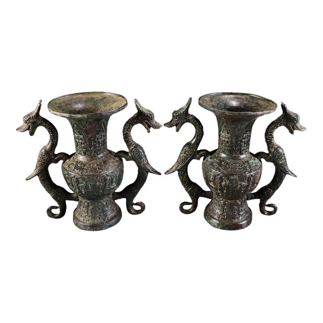 Pair of Chinese Archaistic Bronze Vases With Dragon Handles For Sale
