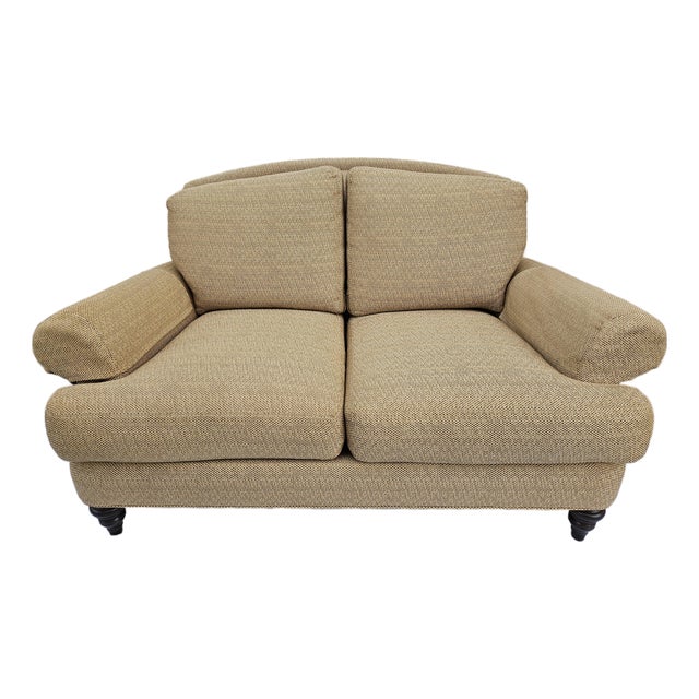 Ethan Allen Tan Rolled Arm Down Filled Loveseat For Sale