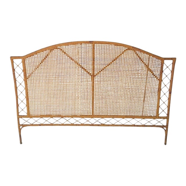 Vintage Waffle Weaved Wicker Soft Arched King Sized Coastal Boho Headboard For Sale