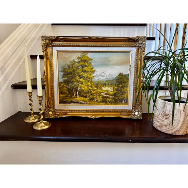 Mid 20th Century Mid Century Framed Landscape Oil Painting Signed S Mold With Carved Gilt Wood Frame For Sale - Image 5 of 8