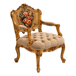 French Rococo Armchair – Beige Tufted Velvet, Ornate Gold Leaf Frame & Floral Medallion For Sale