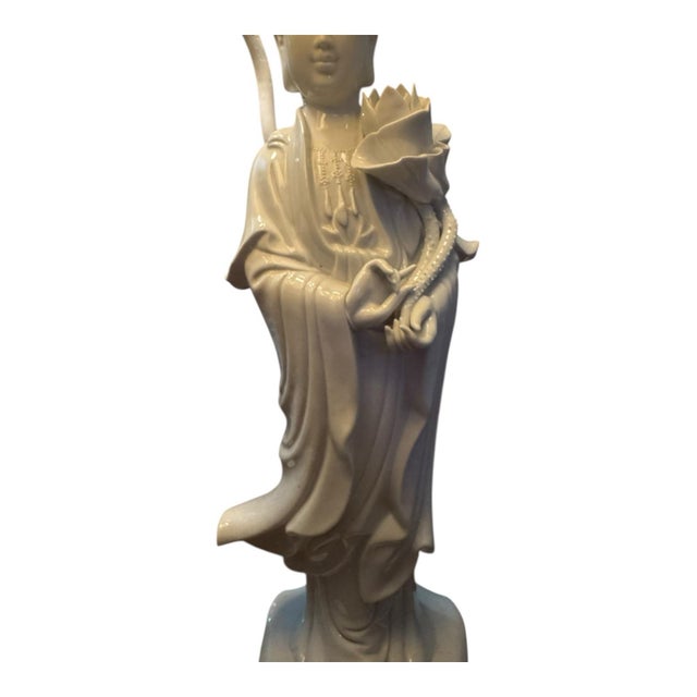 Asian Vintage Buddhist Blanc De Chine Guanyin Porcelain Lotus Flower Lamp For Sale - Image 3 of 8