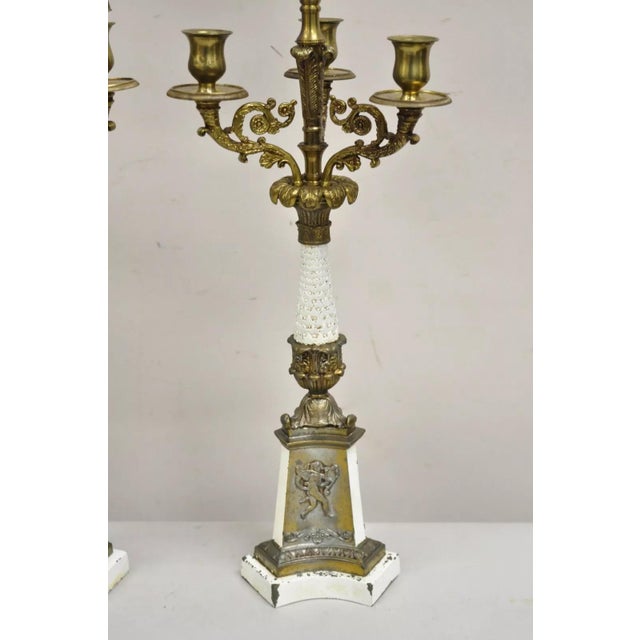 Vintage French Empire Style Candlestick Candelabra Brass Table Lamps - A Pair For Sale - Image 4 of 12