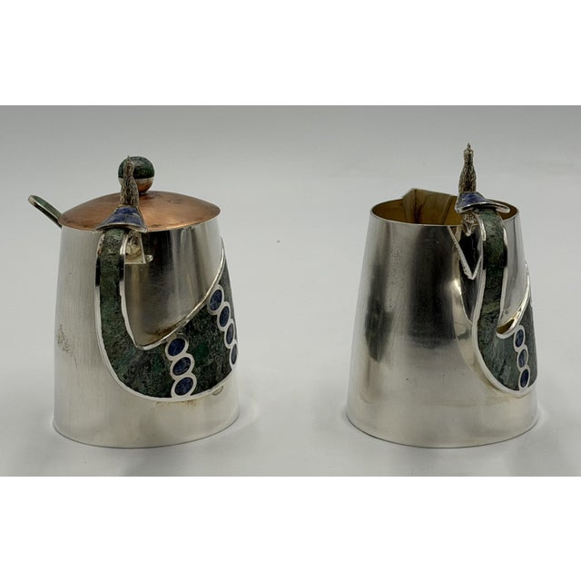 1970s 1970s Wolmar Castillo "Peacock" Creamer, Sugar Pot & Ladle W/ Malachite & Lapis Inlay For Sale - Image 5 of 18