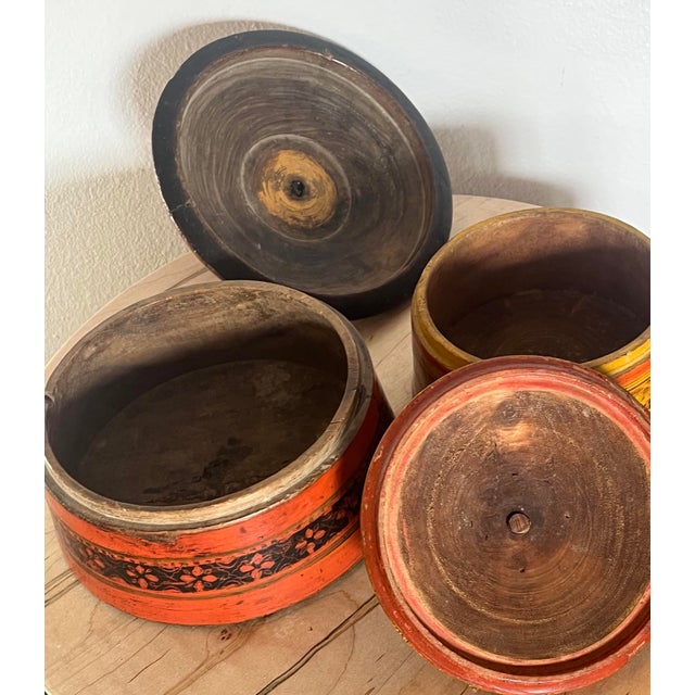 Asian Antique Set of Two Central Asian Antique Wooden Lacquered Spice Boxes For Sale - Image 3 of 7