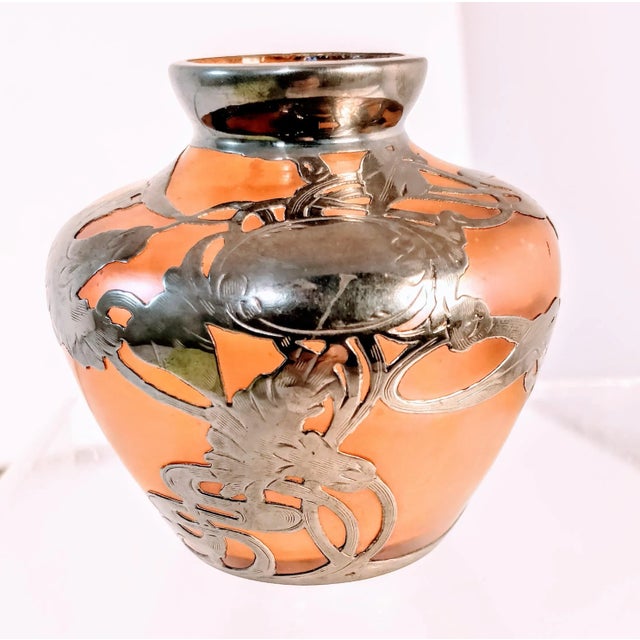 Vintage Art Glass Sterling Silver Overlay Vase For Sale - Image 10 of 11