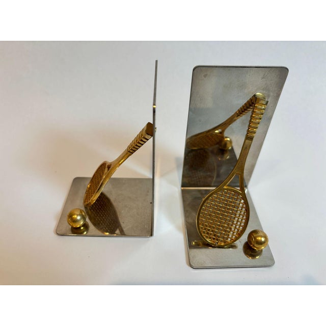 Pair of Vintage Brass and Chrome Tennis Racket and Ball Bookends C. 1980s Usa For Sale - Image 4 of 10