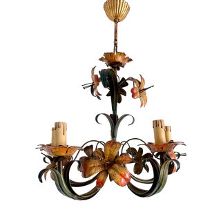 Vintage Italian Florentine Hand-Painted Tole Floral 5-Light Chandelier, 1940s For Sale