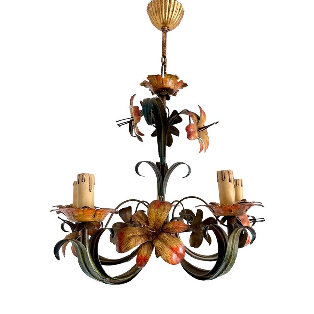Vintage Italian Florentine Hand-Painted Tole Floral 5-Light Chandelier, 1940s For Sale