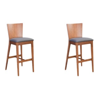 Contemporary Wood Back Bar Stool With Grey Cushion - a Pair For Sale