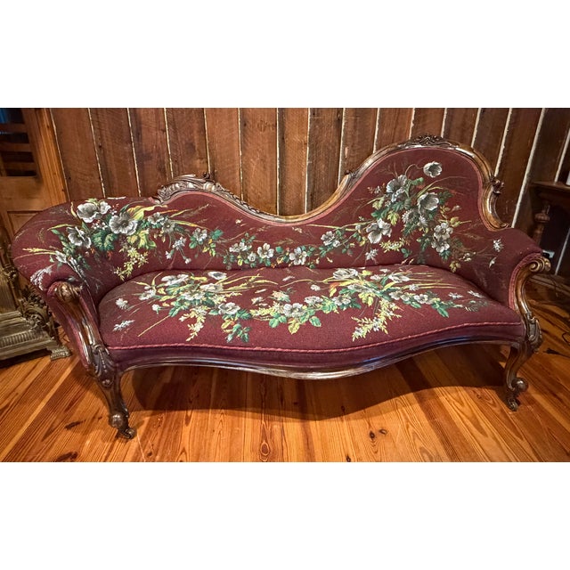 Antique Victorian Carved Walnut Chaise Lounge “Fainting Couch” With Hand-Beaded Floral Upholstery For Sale - Image 4 of 8