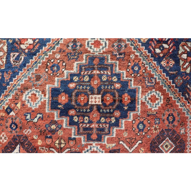 Orange Antique Persian Shiraz Rug Tri-Medallion Geometrics in Rusty Orange and Blue** For Sale - Image 8 of 14