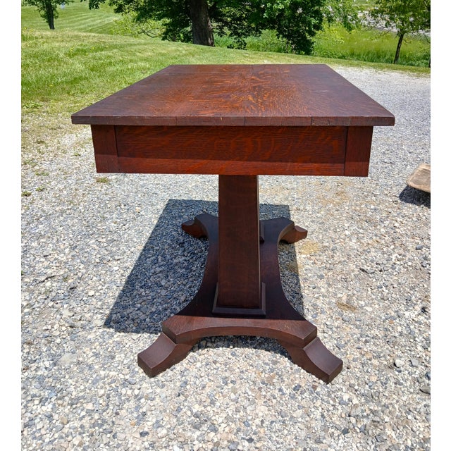 Antique Mission Quarter Sawn Oak Double Pedestal Library Table 1920 For Sale In Cleveland - Image 6 of 17